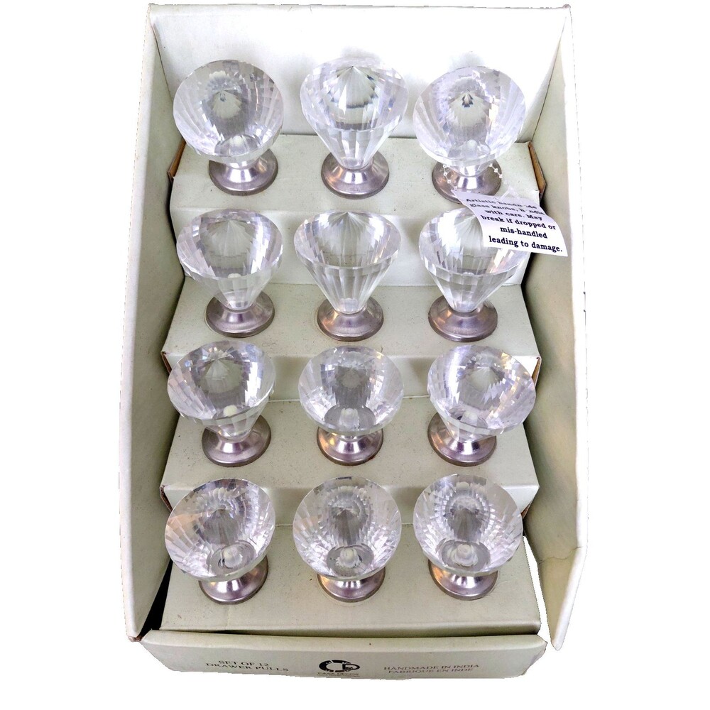 Casa Decor Set of 12 Faceted Crystal Glass Diamond Drawer Pull Knobs Handmade